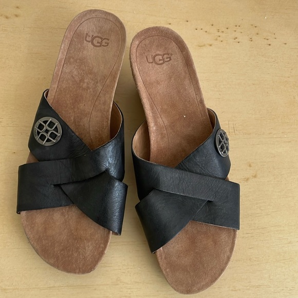 UGG Shoes - Ugg Cork 2 inch Heels w/Black Leather Straps & Silver Accent Size 7
